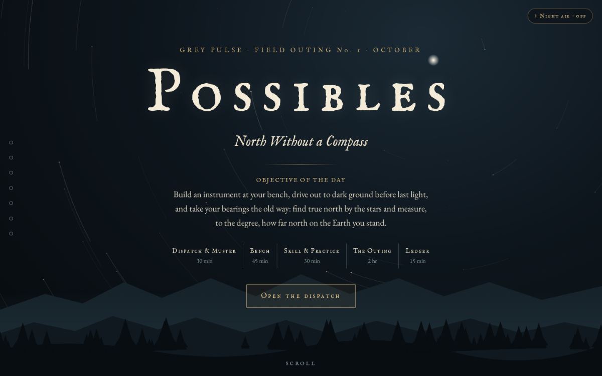 The Issue 1 web edition opening: Possibles, North Without a Compass, over a night sky with star trails